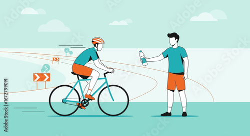 Cyclist Receives Hydration From Supporter During Cycle Race or Training Session