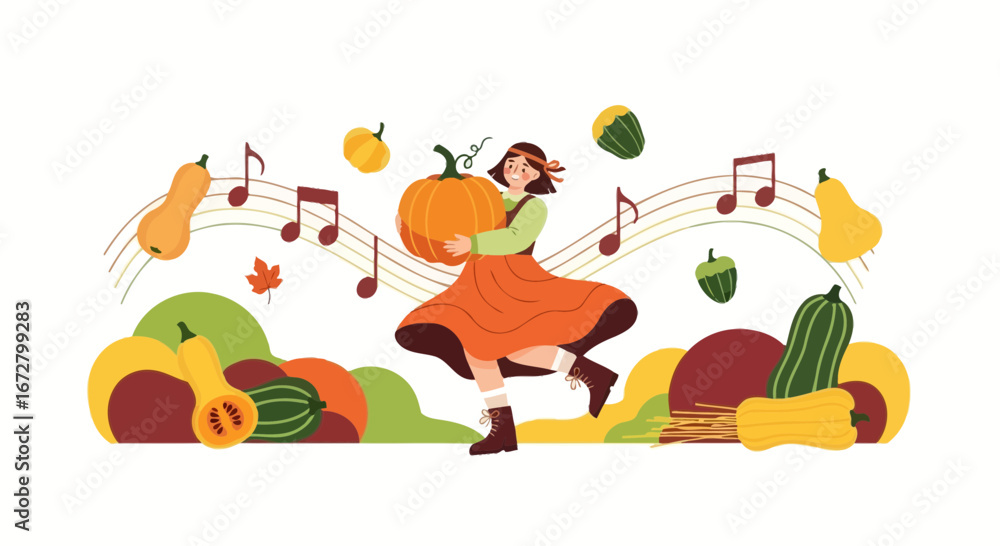 Fototapeta premium Dancing Girl Celebrating Harvest, Autumn Music, Squash, Pumpkin And Fall Decorations All Around