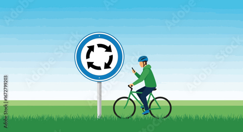 Cyclist Using Phone While Riding Through A Roundabout, Vector Graphic Illustration