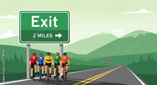 Cyclists Approaching Exit Sign Two Miles Ahead On Mountain Road