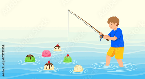 Creative Illustration of A Boy Fishing for Ice Cream Cones with a Funny Rod in The Sea