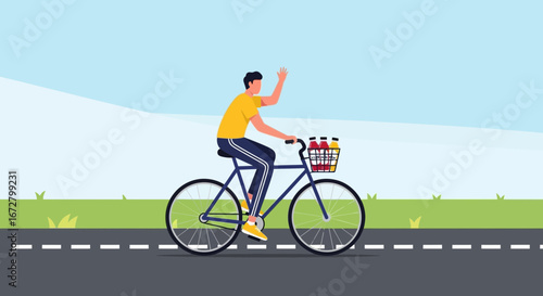 Cyclist Waves Greeting While Riding Bicycle With Beverages In Basket On Road