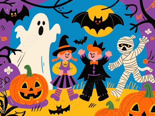 Retro and pop, simple Halloween illustration set. Cute. Simple. Halloween party. Event. Autumn. Pumpkin.
