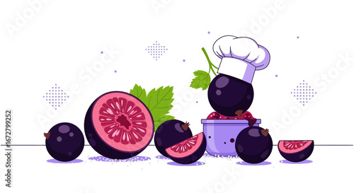 Creative Illustration of Fresh Berries with Chef's Culinary Elements and Artistic Composition