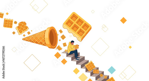 Creative Illustration Of Man Sitting On Stairs With Waffles And Ice Cream Cone
