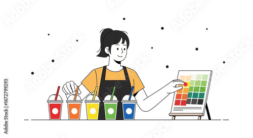 Creative Juice Bar Worker Matching Refreshing Drinks With Color Palette Concepts