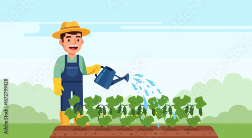 Dedicated Gardener Nurturing Crops, Smiling, Watering Plants, Cultivating Growth, Cultivating