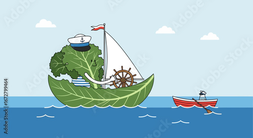 Creative Vegetable Sailor Sailing Imaginary Ocean with Little Companion in Artistic Illustration