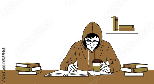 Dedicated Student Immersed In Study, Illustrated With Books Coffee And Focused Attention