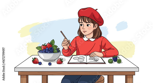 Creative Young Artist Drawing Berries in a Book with Bowl of Tasty Fresh Fruits