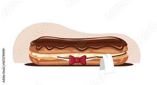 Delectable Eclair Artwork With Bowtie And Napkin, A Tempting Dessert Icon
