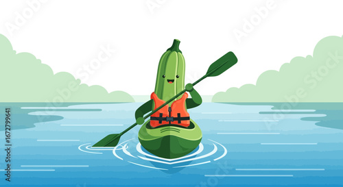 Cucumber Adventures: A Zesty Kayak Trip Across Serene Waters with Smiling Vegetable