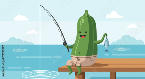 Cucumber Character Fishing on Wooden Pier Happy with a Caught Fish Cartoon Illustration