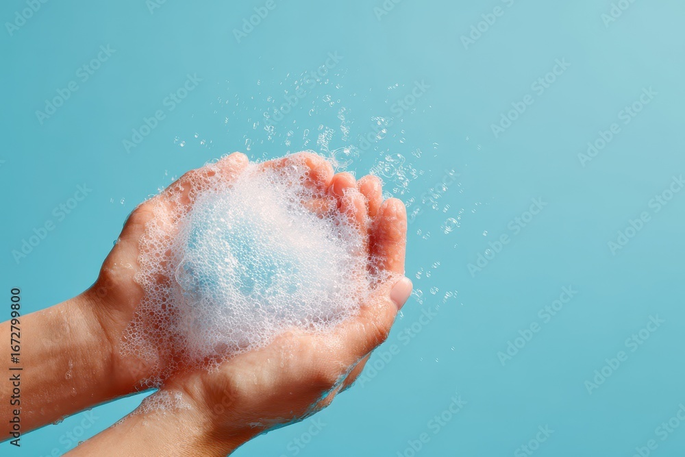 Fototapeta premium Soapy hands on a blue backdrop