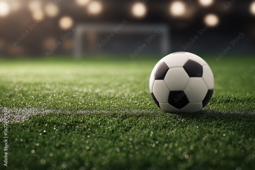 Obraz premium Soccer ball on a football field backdrop with space for text