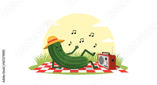 Cucumber Enjoying Music With Sunshine, Relaxing On Picnic Blanket, Listening to Radio Serenade