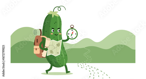 Cucumber Explorer Embarks on Adventure With Map and Compass Across Picturesque Landscape