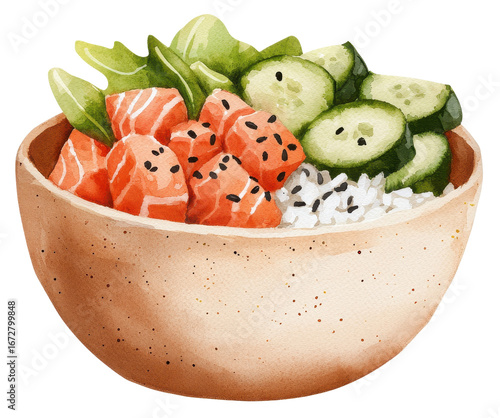 Watercolor salmon poke bowl with rice, cucumber, and greens in ceramic bowl