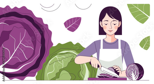 Culinary Artist Cutting Cabbage, A Colorful Vector Illustration Of Healthy Eating