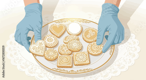 Delicately Decorated Cookies On A Decorative Plate Presenting Exquisite Culinary Delight