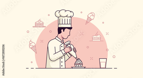 Culinary Craft, A Chef Decorating a Delightful Cupcake with Precise Skill and Flair