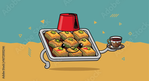 Delicious Baklava Dessert With Hot Tea And Red Fez, Artistic Cartoon Illustration