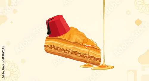 Delicious Baklava Dessert With Honey Drizzle And Fez Hat Against A Beige Background