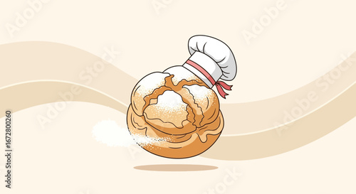 Delicious Bakery Creation Chef Hat On Artistic Bread Sprinkled With Powder Sugar