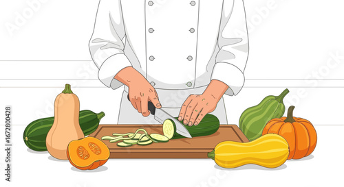Culinary Illustration: Chef Slicing Fresh Vegetables for a Delicious and Healthy Dish