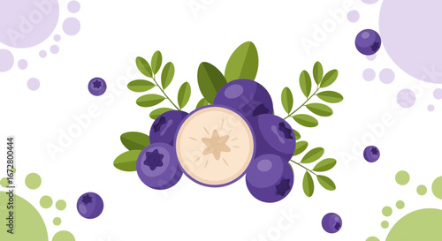 Delicious Blueberry Illustration With Greenery Decorated In Flat Artistic Style For Stock