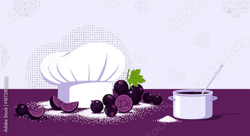 Culinary Illustration: Chef's Hat, Berries, And Cooking Pot With Sweet Berry Preserves