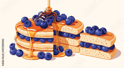 Delicious Blueberry Pancakes Drizzled With Syrup, a Sweet Breakfast Treat