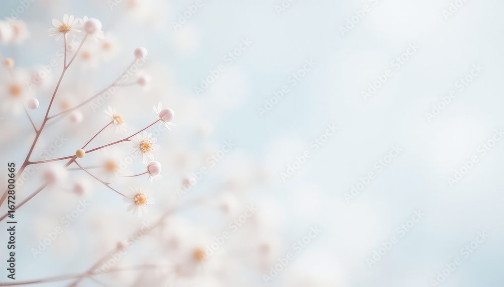 Naklejka premium Gentle light catches tiny delicate white flowers, creating a soft, blurred backdrop perfect for peaceful designs