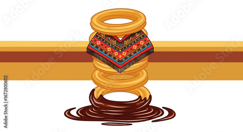 Delicious Churro Tower Dipping In Chocolate With Colorful Mexican Poncho Decoration Design