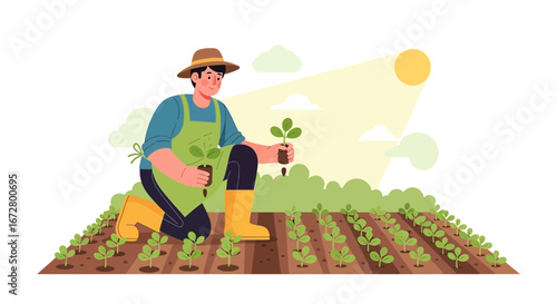 Cultivating Future: A Farmer Planting Young Plants Under a Gentle, Warm Sunlight