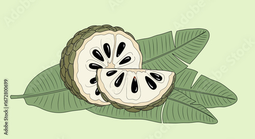 Delicious Custard Apple Slice With Exotic Leaves, Fresh And Natural Presentation