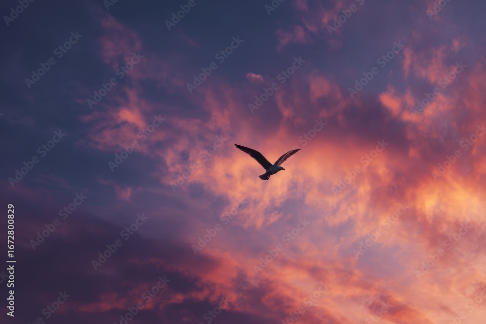Fototapeta premium Solitary seagull at dusk soaring emblem of liberty