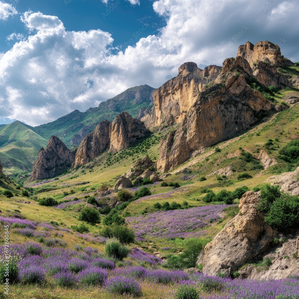 Naklejka premium Sunlit mountain valley with purple wildflowers