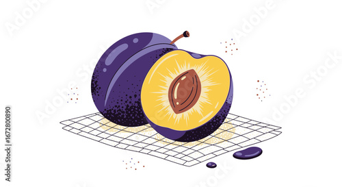 Delicious Fresh Plums On A Checkered Cloth Artistic Minimalist Vector Illustration