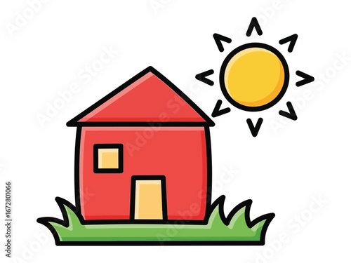 Cozy Home with Sunny Vibes: A charming illustration showcases a classic home basking in sunlight, surrounded by vibrant green grass, evoking a sense of warmth and comfort.