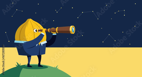 Curious Character Observes Stars, Exploring Celestial Wonders and Cosmic Discovery