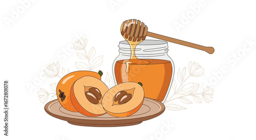 Delicious Honey Jar With Fruit Slices Presented Delightfully In Digital Line Illustration