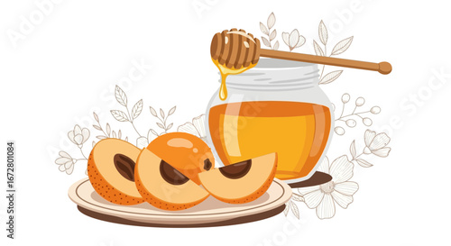 Delicious Honey and Sliced Apricots Illustration on a White Background Graphic