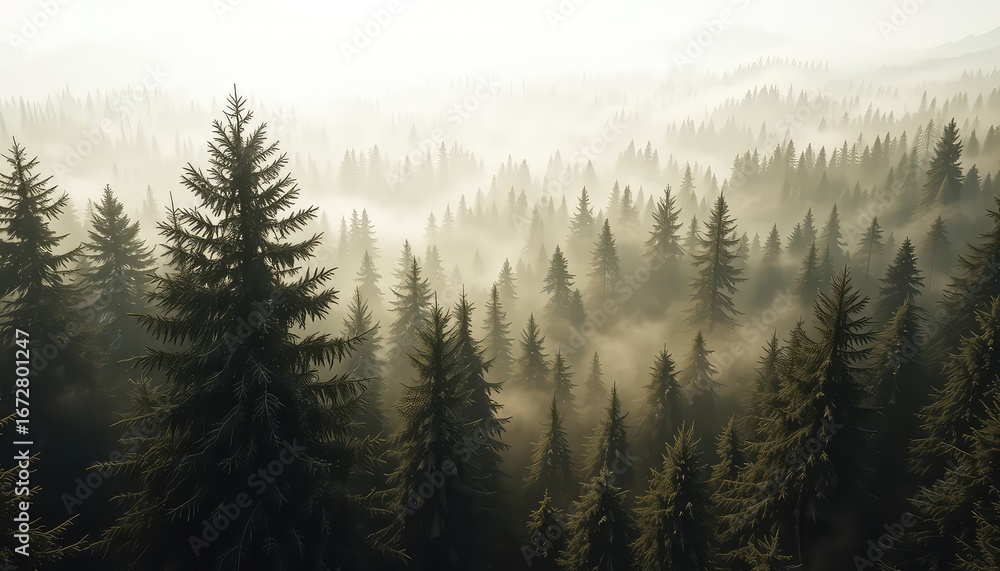 Obraz premium Misty Morning Light Filtering Through Evergreen Trees in a Dense Forest, Creating an Atmospheric and Serene Natural Landscape