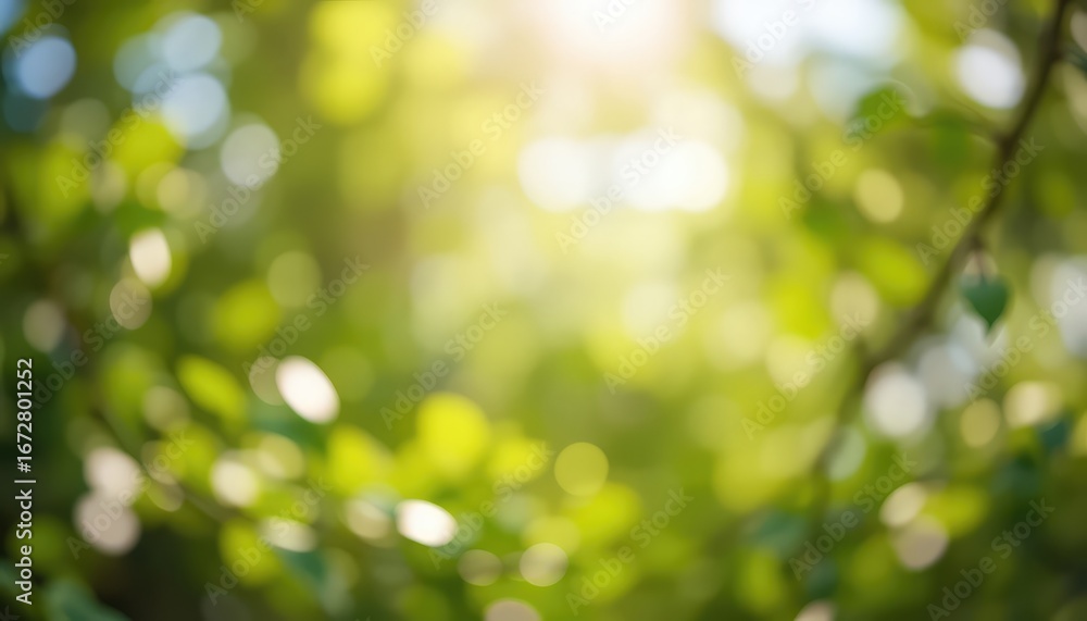 Obraz premium Gentle sunlight filters through a canopy of leaves, creating a peaceful, blurred background of green and gold tones
