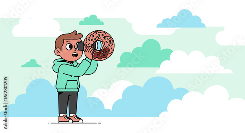 Curious Child Utilizing a Donut As a Binocular Within a Sky Filled With Clouds Illustration