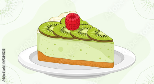 Delicious Kiwi and Raspberry Cheesecake Slice Presented on a White Plate for Dessert Delight