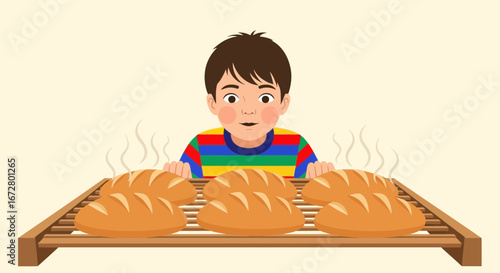 Curious Young Boy Gazing at Freshly Baked Bread Resting on Wooden Rack