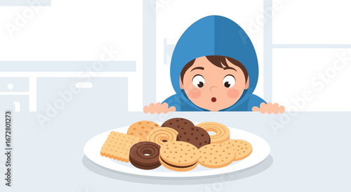 Curious Youngster Gazing Delightfully At a Tempting Assortment of Cookies and Pastries