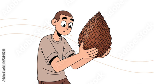 Curious Young Man Examining a Large Exotic Fruit with Intrigued Expression